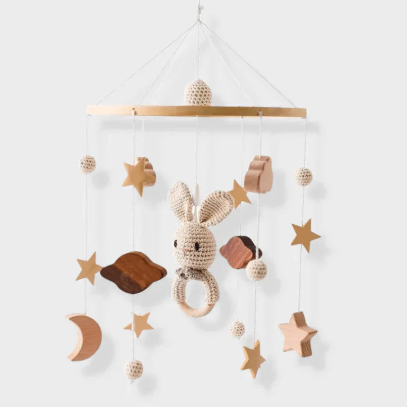 Baby Sensory Wooden Mobile featuring a combination of smooth wood and soft felt elements for tactile stimulation