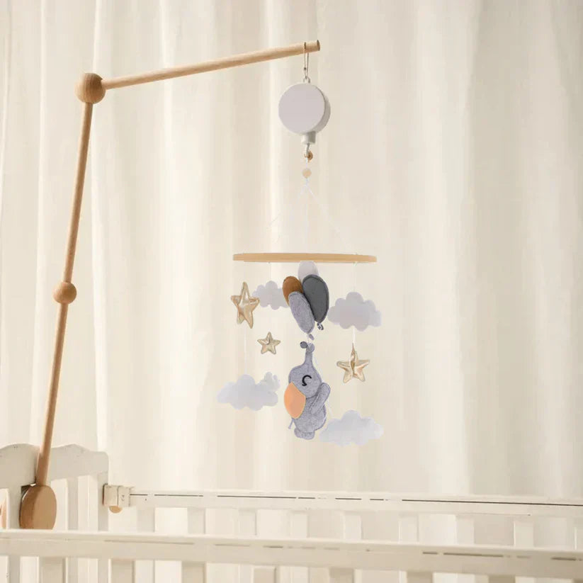Assembled Baby Sensory Wooden Mobile, ready to hang above a baby's crib for serene sensory play, nursery decor