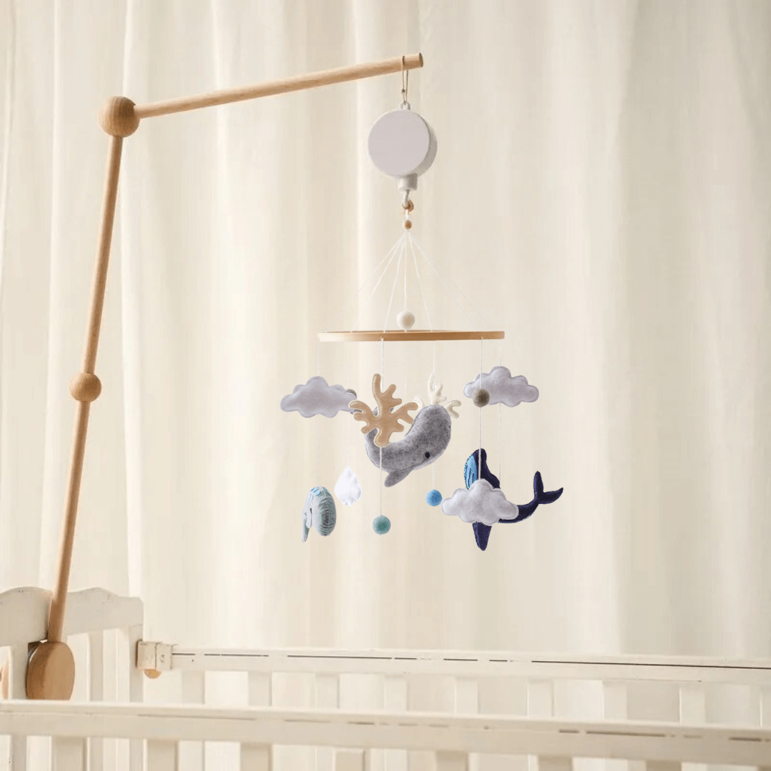 Handmade Baby Sensory Wooden Mobile with natural wooden beads and felt shapes, ideal for a baby nursery decor