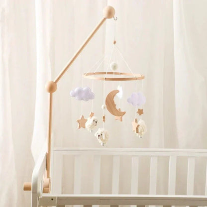 Baby Sensory Wooden Mobile over a crib, providing calming visual stimulation for infants, baby mobile, nursery decor