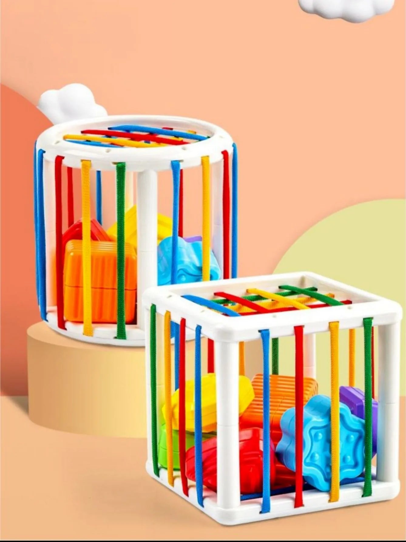 Top-down view of a Baby Shape Sorter Cube, showcasing all the colorful blocks
