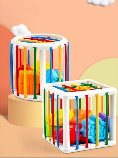Top-down view of a Baby Shape Sorter Cube, showcasing all the colorful blocks