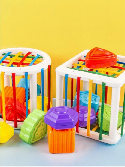 Baby enjoying a Shape Sorter Cube, a fun way to improve early learning skills