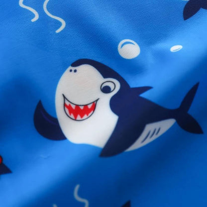 Comfortable Baby Shark infant swimsuit. Cute blue toddler bathing suit with a playful shark design for summer wear.