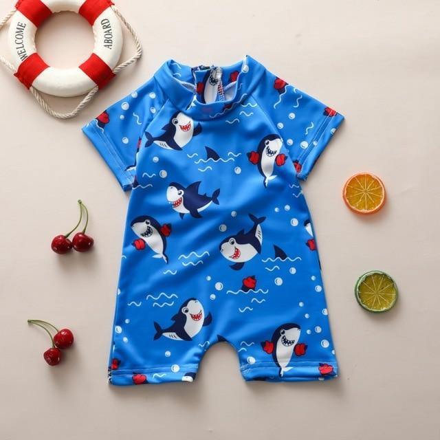 Blue Baby Shark infant swimwear. Adorable & comfy spandex bathing suit for toddlers, featuring an easy-change design.