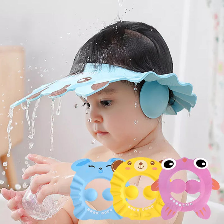 Baby shower cap with ear protection for toddlers. Cute animal pattern, tear-free bath time shampoo shield.