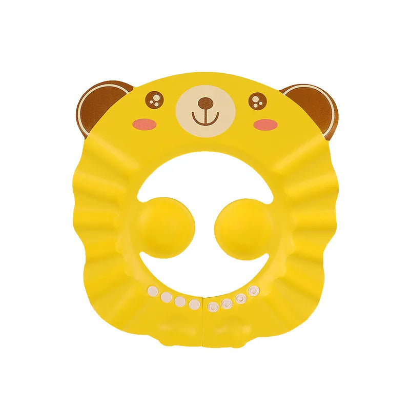 Tear-free shampoo cap for kids. Features ear flaps for complete protection during baby bathing.
