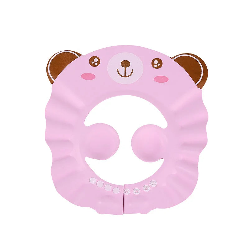 Infant bath accessory: shower cap with integrated ear protection. Comfortable and safe for toddlers.