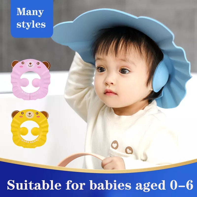 Kids' shampoo shield with ear protection. Makes bathing safe and fun for toddlers, animal pattern.