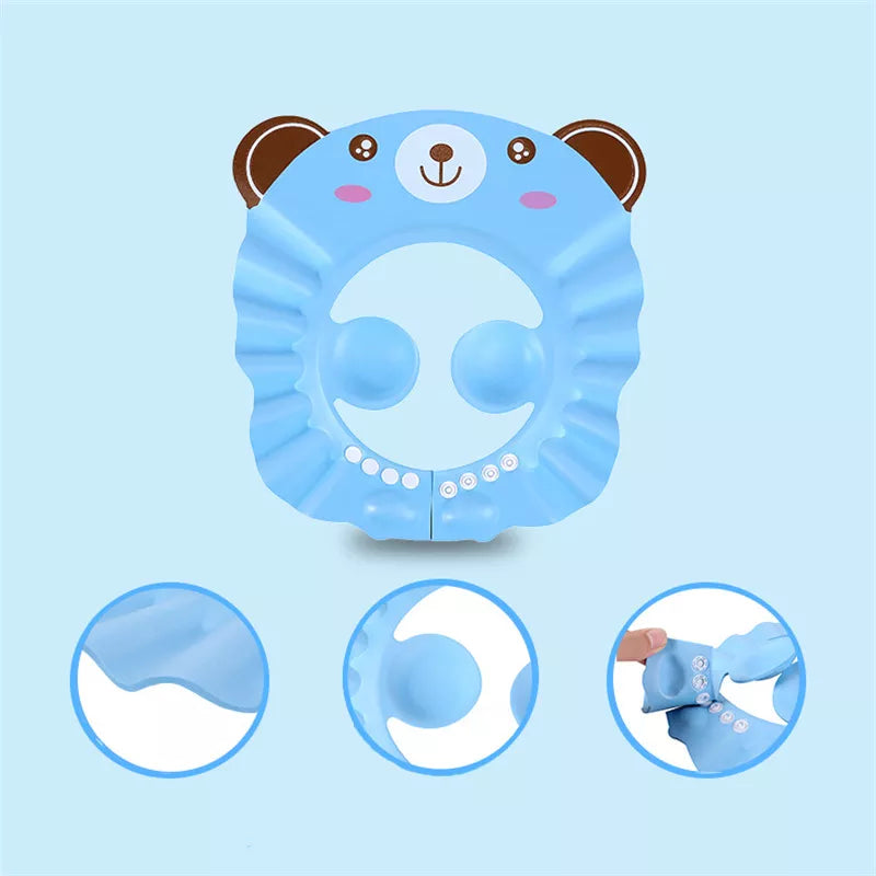 Baby bathing ear protector and shampoo cap. Secure and comfortable for all infants and toddlers.