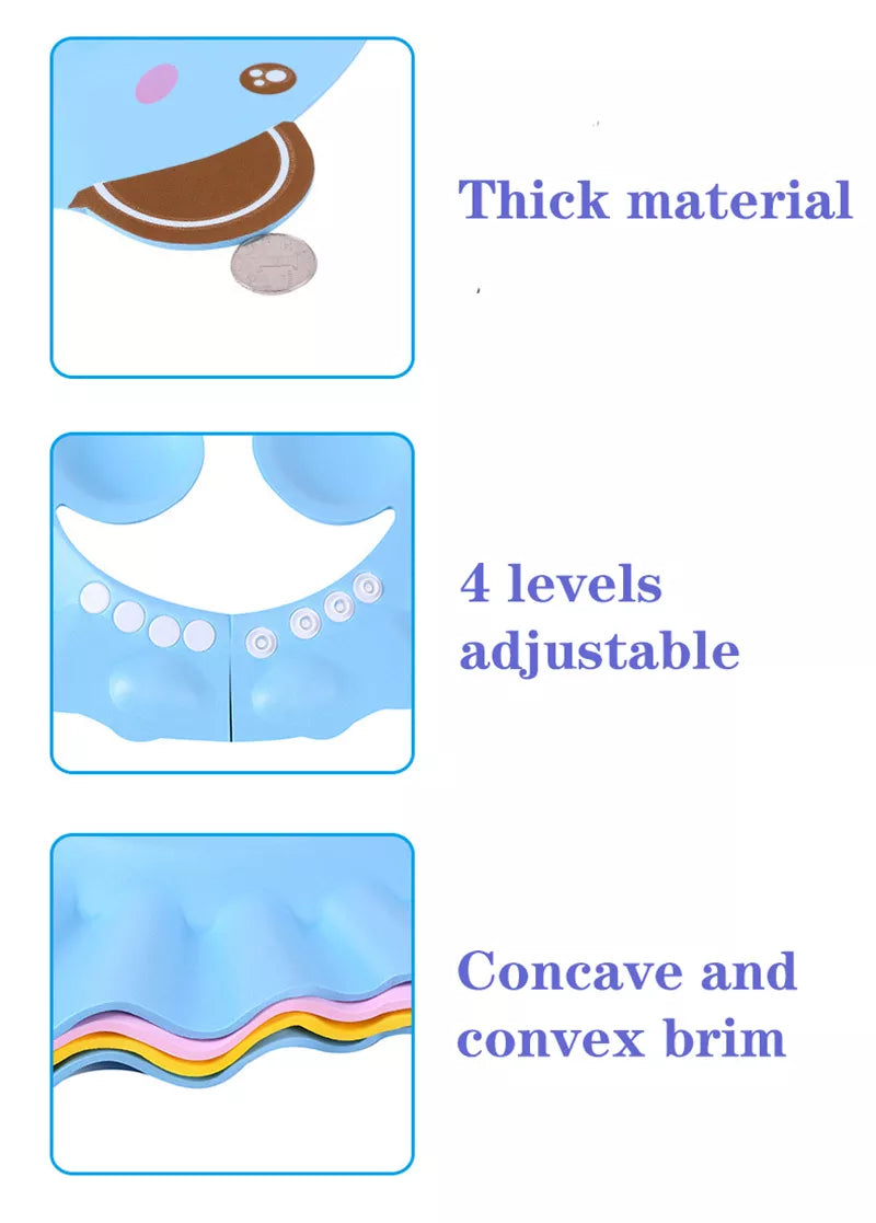 Kids' bath time helper: shower cap with ear protection. Prevents water from eyes and ears effectively.