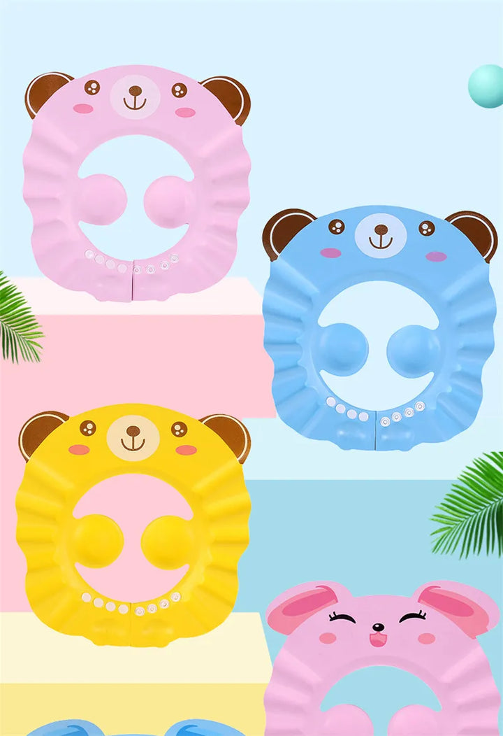 Adjustable baby shower cap with ear protection. For comfortable and safe shampooing for kids.