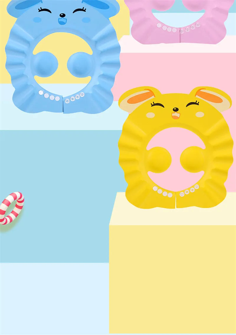 Cute baby shower cap with ear protection. Animal pattern design ensures happy, tear-free bath time.