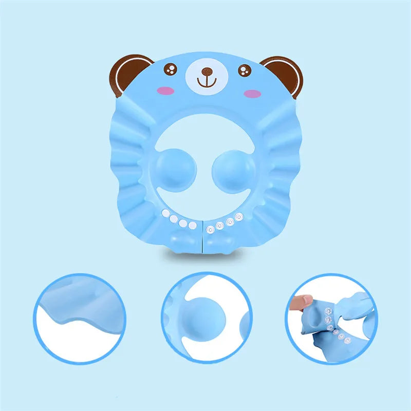 Toddler shower cap with ear protection. Prevents water from entering ears & eyes during shampoo.
