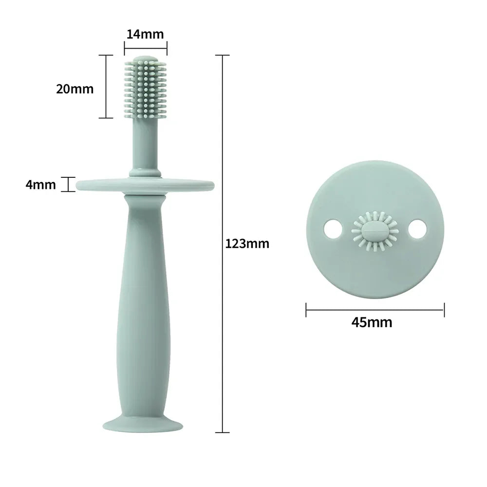 Gentle silicone baby toothbrush 360, designed for sensitive infant gums and teeth