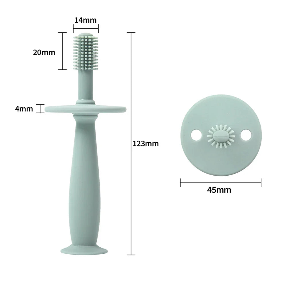 Infant silicone toothbrush 360-degree design, gentle on baby gums, toddler dental care