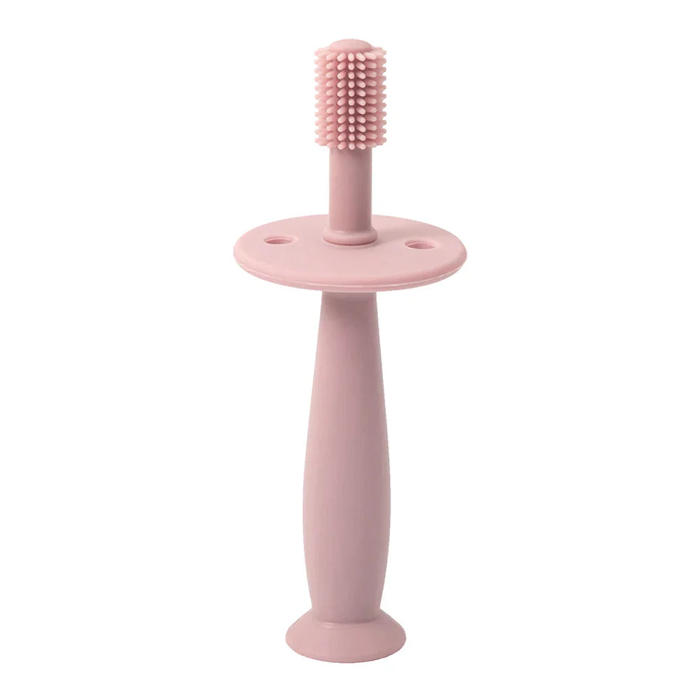 Silicone infant toothbrush with 360-degree head, perfect for baby's first teeth