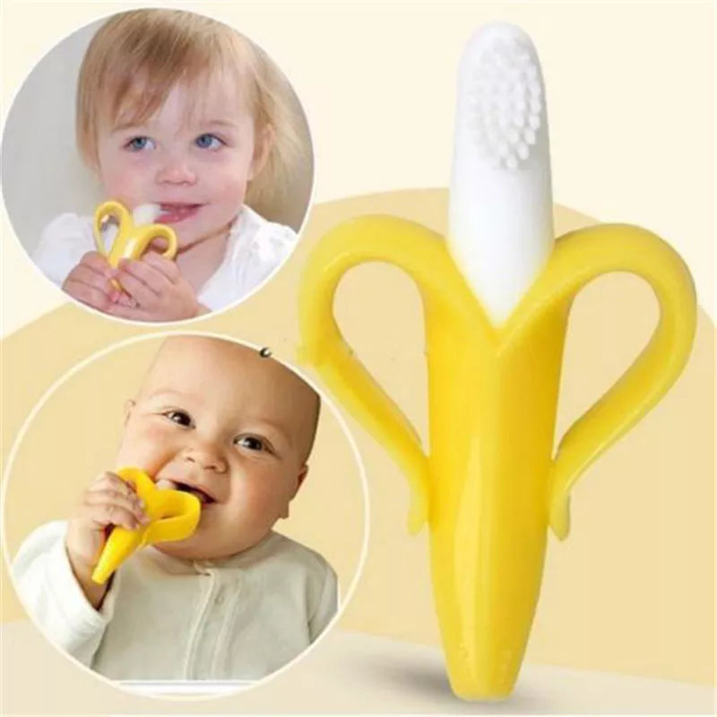 Baby silicone banana teether toothbrush for infants & toddlers. BPA-free oral care & gum massager.