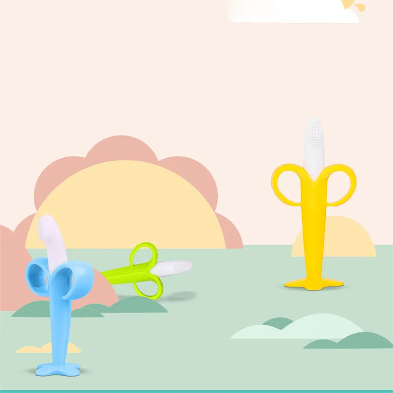 Toddler's silicone banana toothbrush. Gentle on gums, great for introducing brushing.