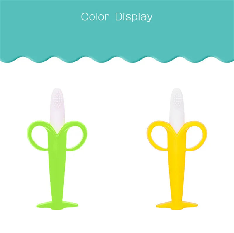 Baby silicone banana teether for soothing sore gums. Also a toothbrush for early oral care.