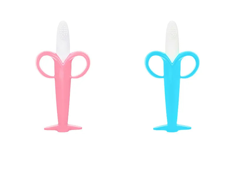 Infant oral health: soft silicone banana teether toothbrush. Safe, BPA-free & easy to hold.