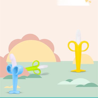 BPA-free silicone banana infant teether, also functions as a toothbrush for new teeth.