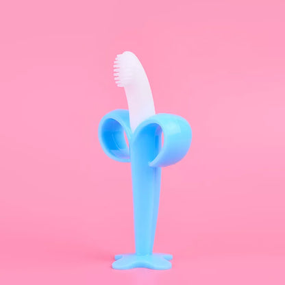 Silicone banana teether toothbrush for babies & toddlers. Gentle gum massage & oral hygiene.