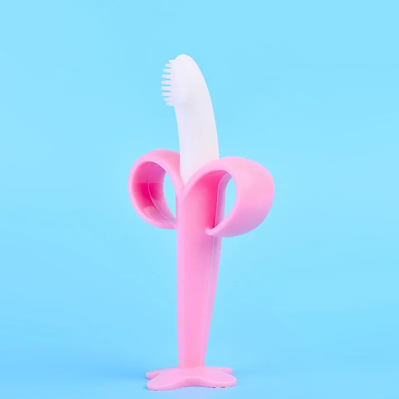 Infant oral care: BPA-free silicone banana teether toothbrush. Safe chew toy & gum massager.