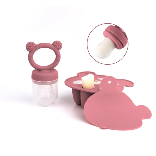 Baby silicone bear feeder & freezer tray, pink, BPA-free, for purees & snacks
