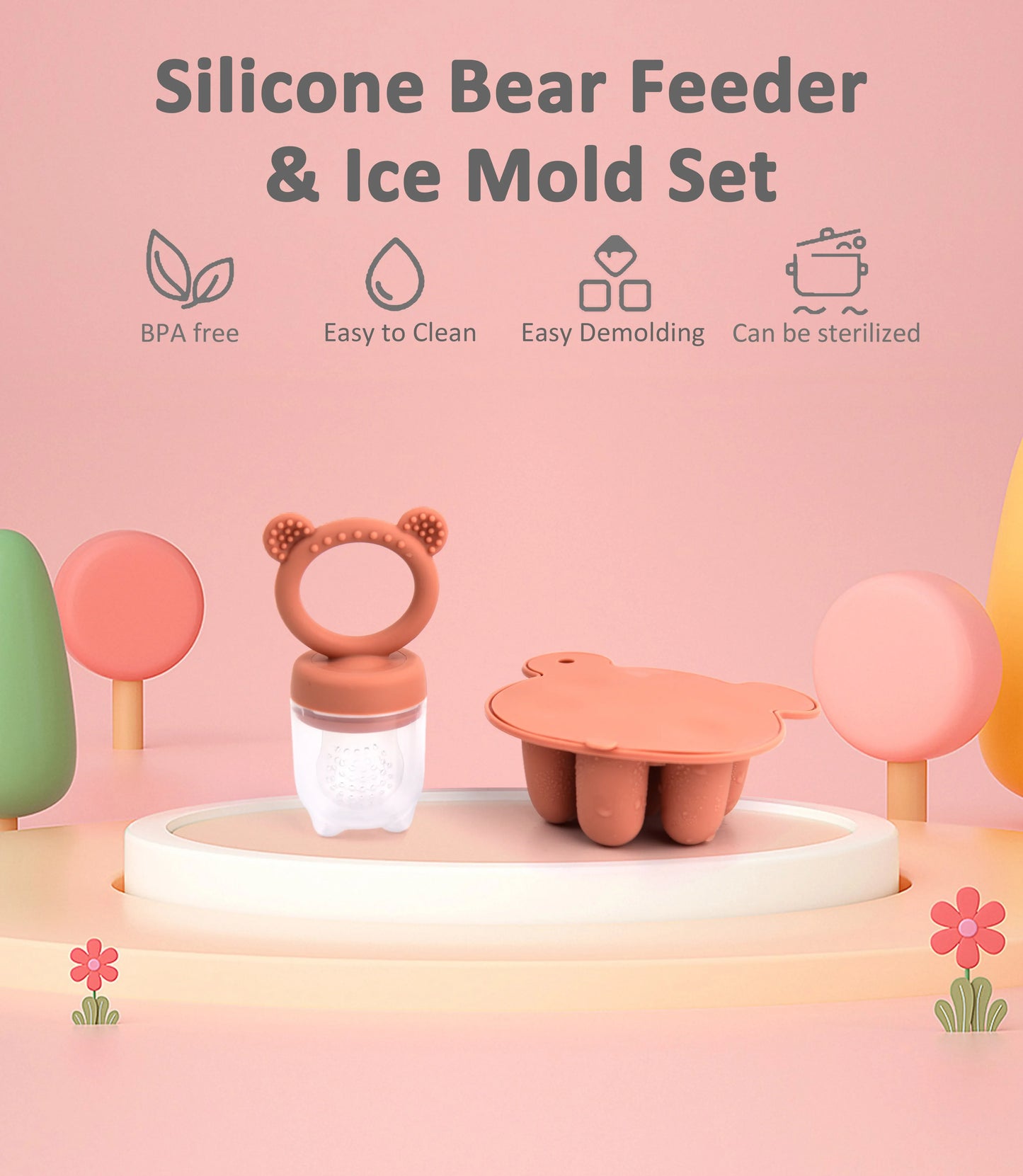 Pink silicone bear baby food tray, perfect for freezing breast milk or pureed fruits
