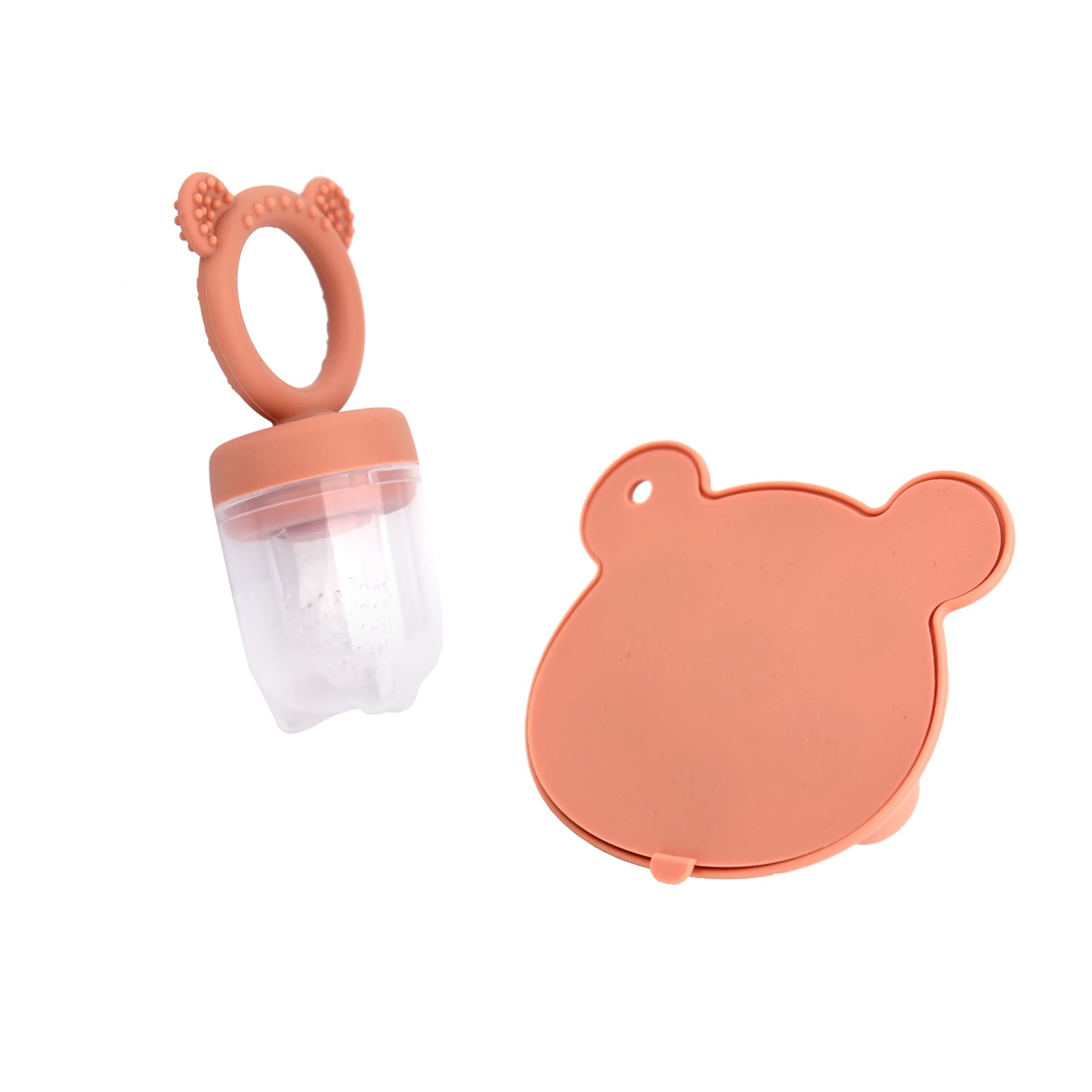 Set of two silicone bear baby food freezer trays, pink and mint, for easy feeding