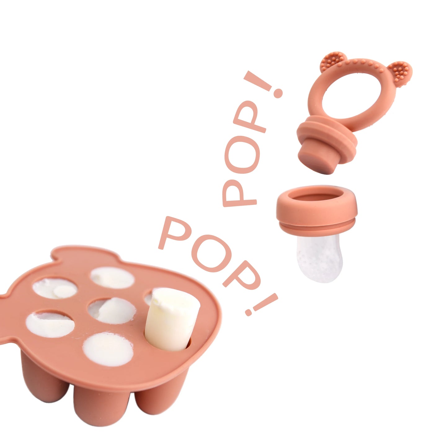 Pink silicone bear feeder & freezer tray, ideal for baby-led weaning & homemade purees
