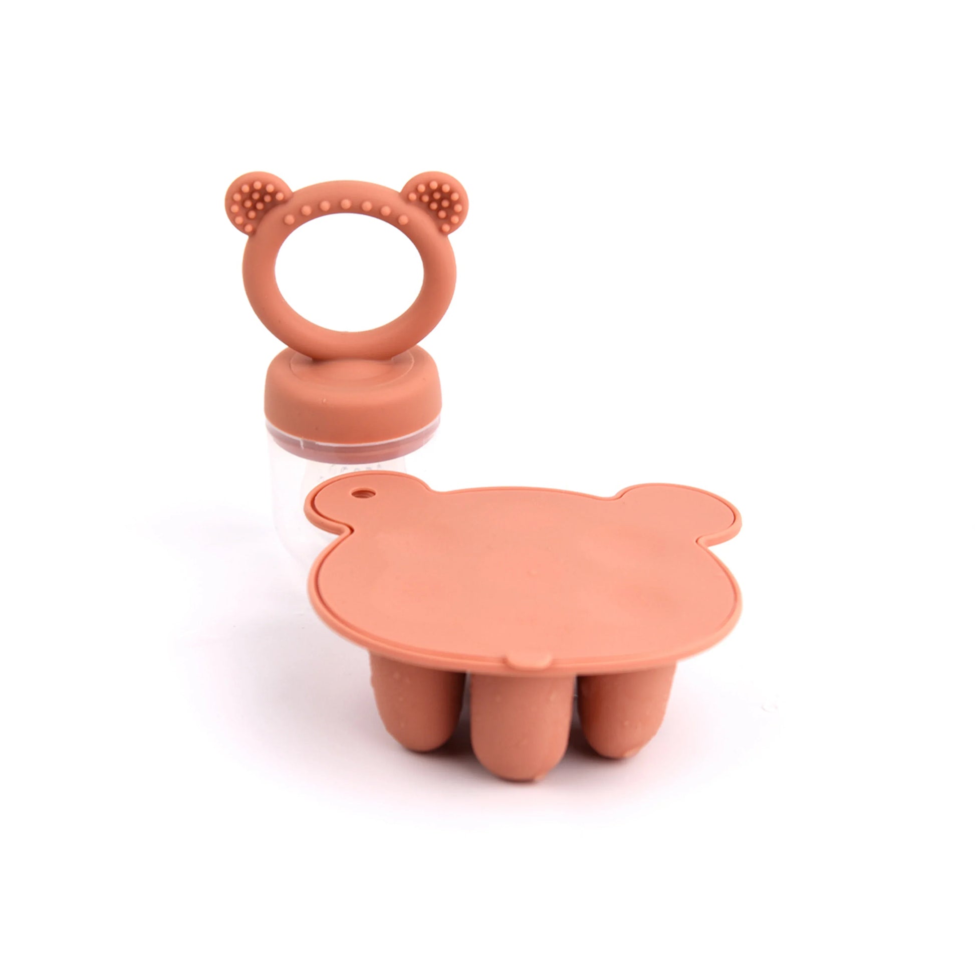Empty pink silicone bear motif freezer tray, ready for baby purees or breast milk