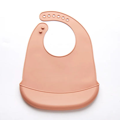 Modern design silicone baby bib, adjustable, available in multiple solid colors.