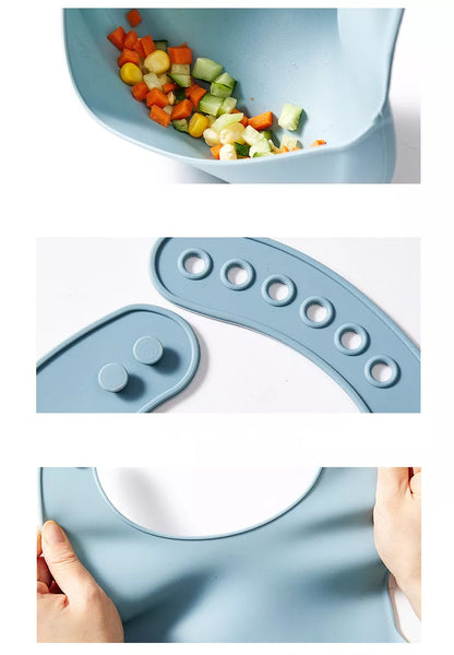 Solid green adjustable silicone bib for baby meals, making cleanup simple.