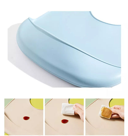 Stylish baby silicone bib, adjustable, ergonomic design for comfortable feeding.