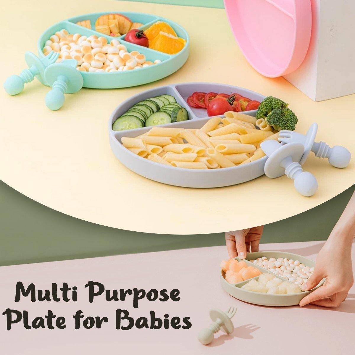 Baby silicone divided dining plate set with blue plate, spoon, and fork for toddler self-feeding