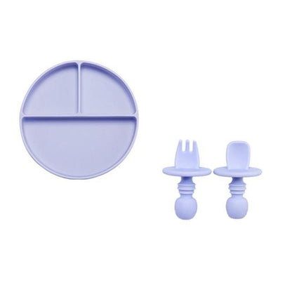 Durable silicone kids plate in orange, with suction base and matching baby-friendly utensils