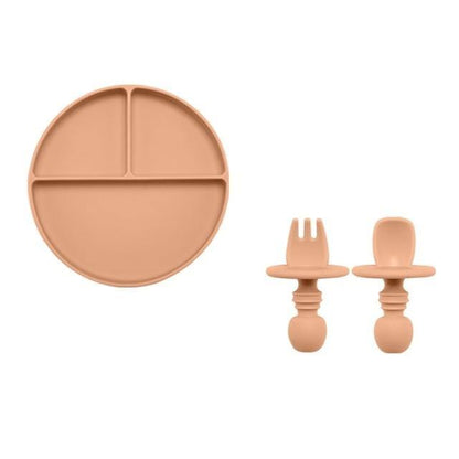 Weaning essentials: a beige silicone divided plate and utensil set for young children