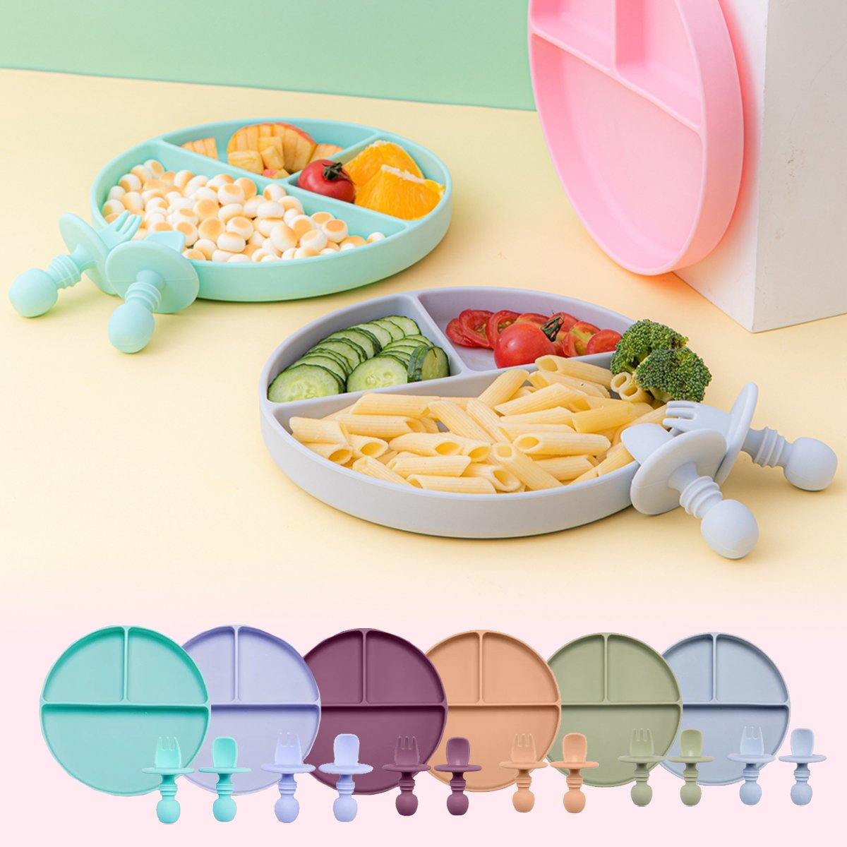 Toddler weaning silicone divided plate in pink with matching baby spoon and fork, BPA-free