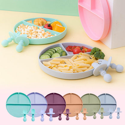 Toddler weaning silicone divided plate in pink with matching baby spoon and fork, BPA-free