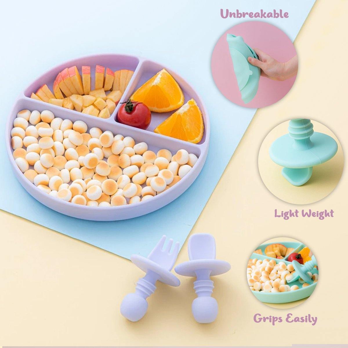 Eco-friendly baby feeding set: green silicone divided plate, fork, and spoon for mealtime