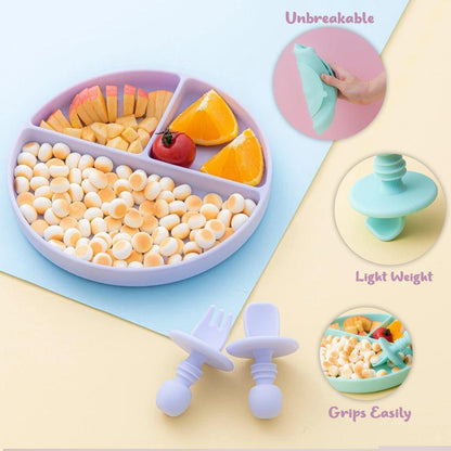 Eco-friendly baby feeding set: green silicone divided plate, fork, and spoon for mealtime