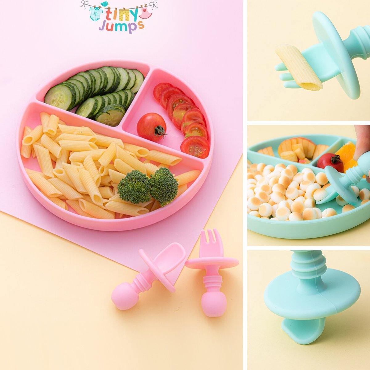 Unbreakable baby dinnerware set: yellow silicone divided plate with toddler spoon and fork
