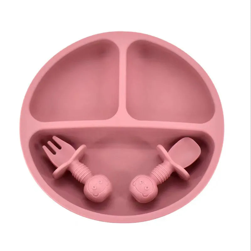 Baby silicone divided plate set with suction base, spoon, and fork for toddler led weaning, BPA-free