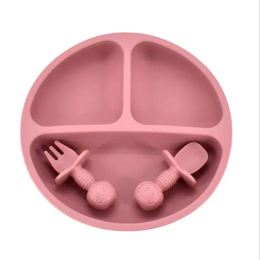 Baby silicone divided plate set with suction base, spoon, and fork for toddler led weaning, BPA-free