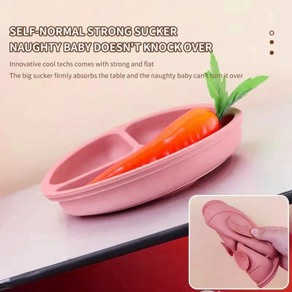 Baby essentials: purple silicone divided plate with three sections for toddler eating, spoon, and fork