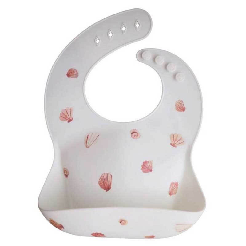 Side view of an infant silicone bib with a prominent food catcher, aiding in weaning and reducing spills