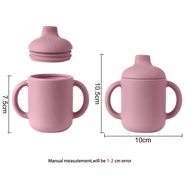 Infant silicone drinking cup in a cute design, ideal for baby feeding and learning.