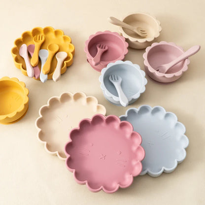 Baby silicone lion plate, bowl, spoon, and fork set for baby led weaning, BPA-free